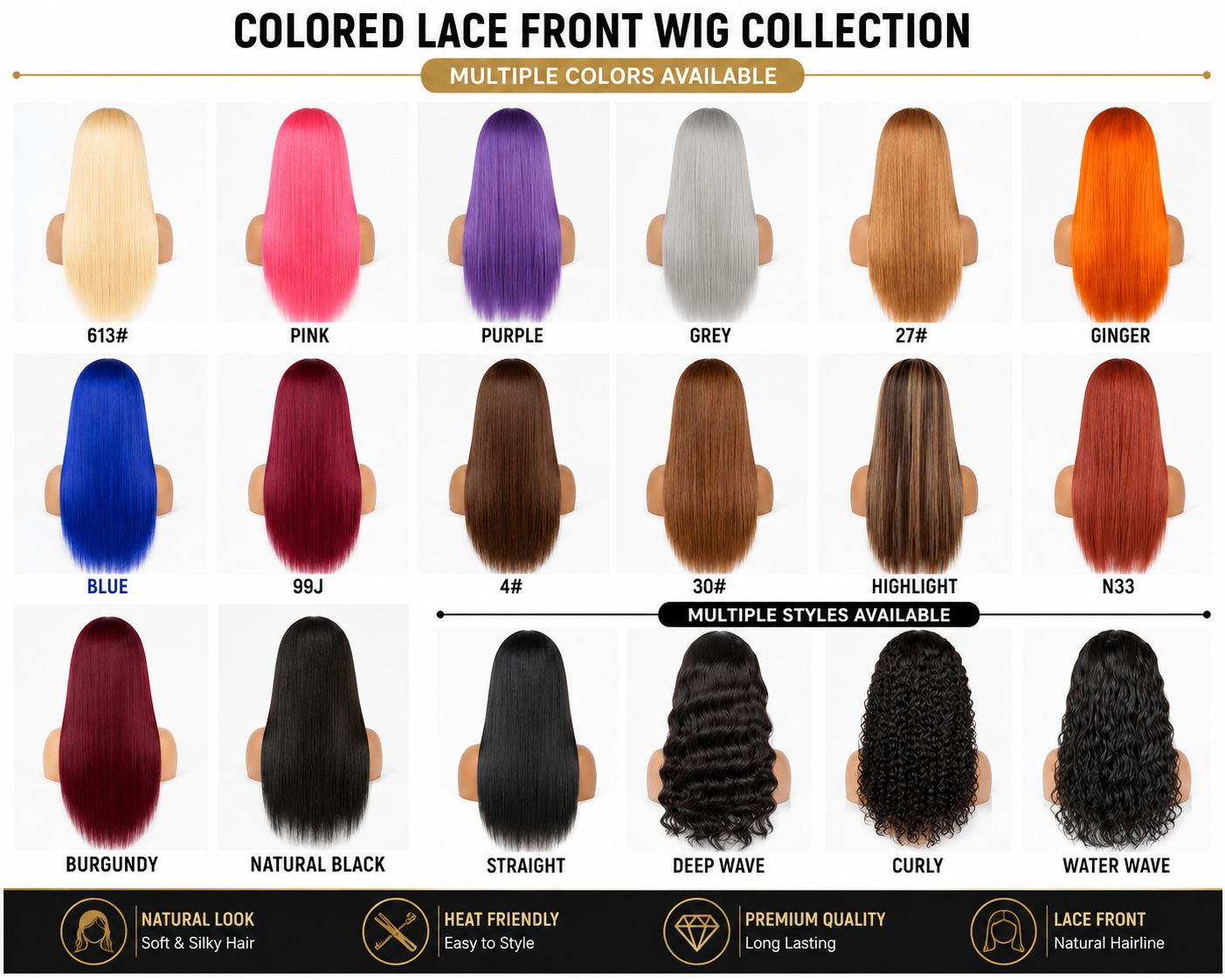 Colored Lace Front Wig | Straight, Curly, Deep Wave & Water Wave Styles